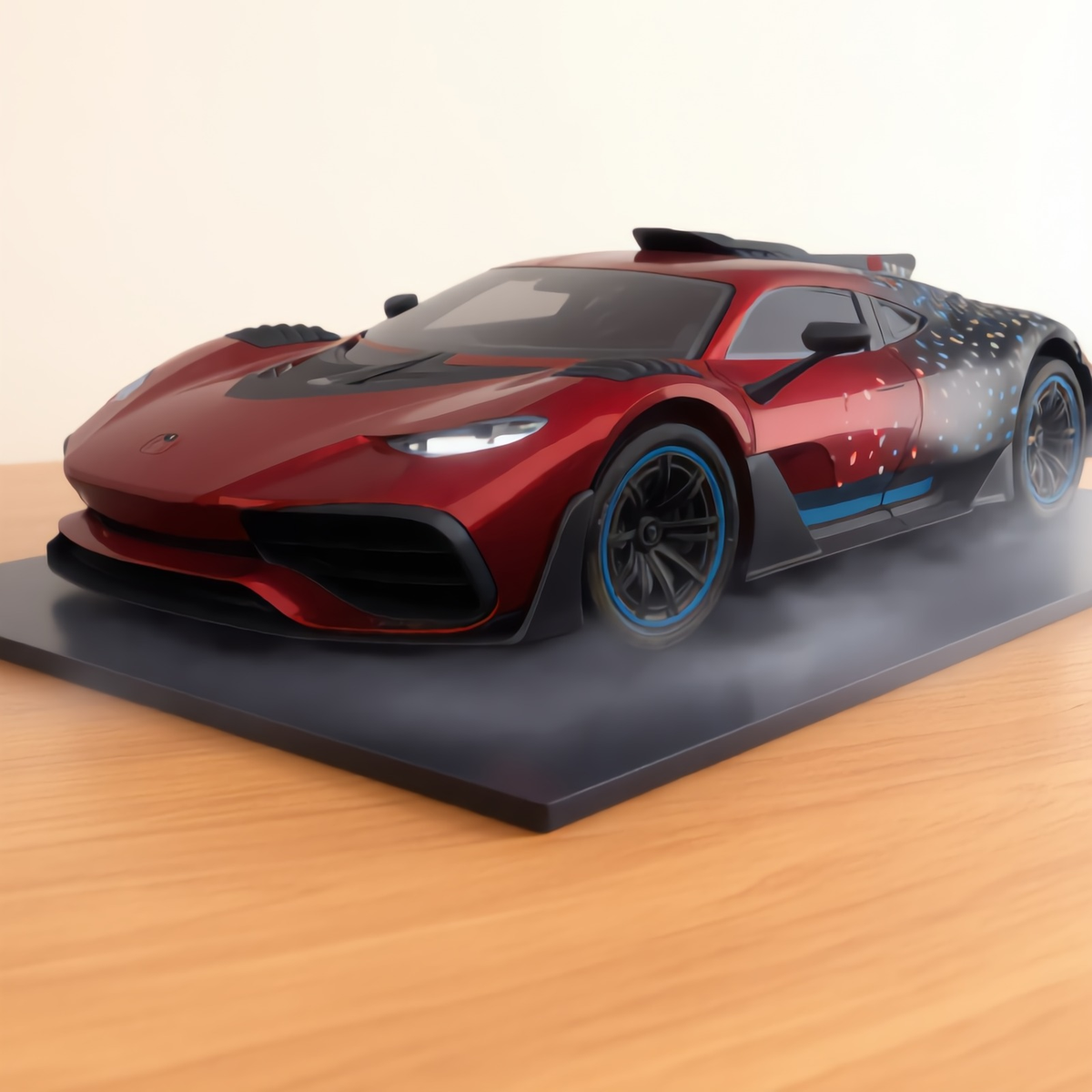 Red GT hypercar mist model on a wooden desk