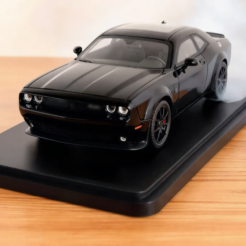 Muscle Coupe 1:24 die-cast model with exhaust mist, front view on wooden desk