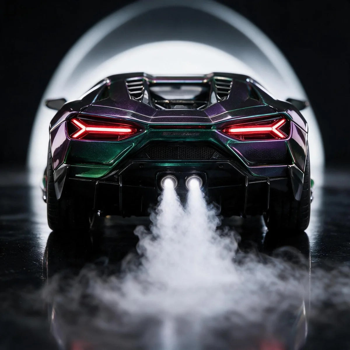 Purple chameleon V12 Chrome model rear view with exhaust mist