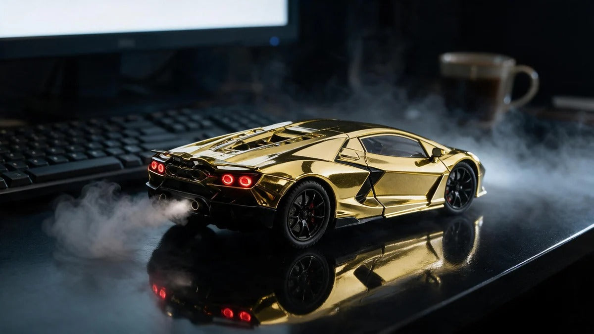 Gold chrome V12 model on a desk with exhaust mist