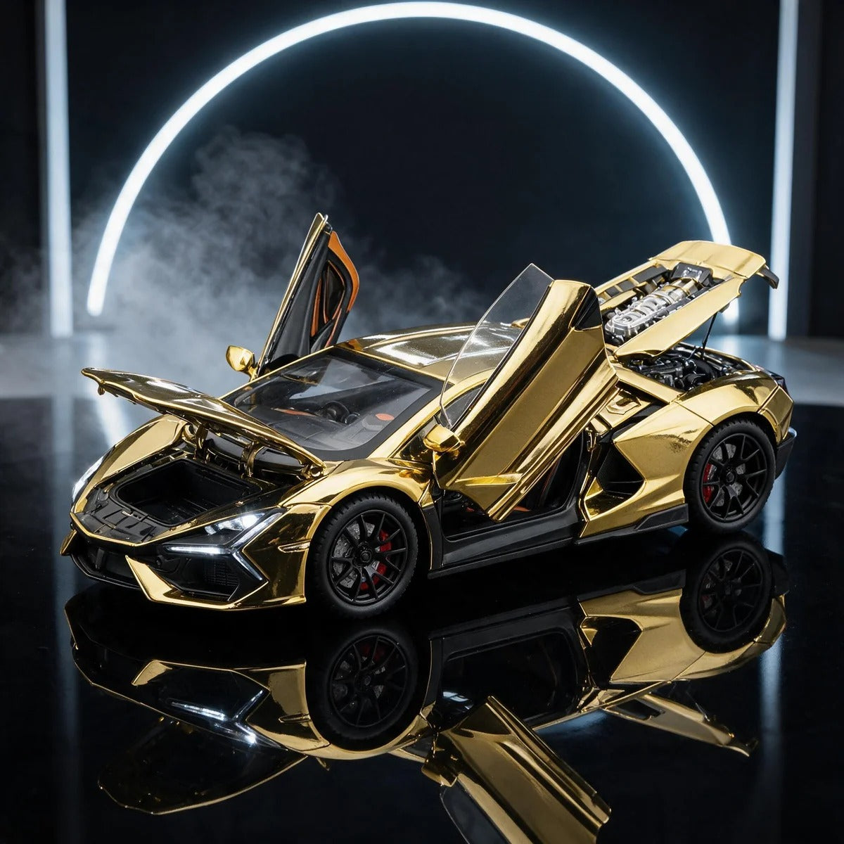 Gold chrome V12 model with doors and hoods open