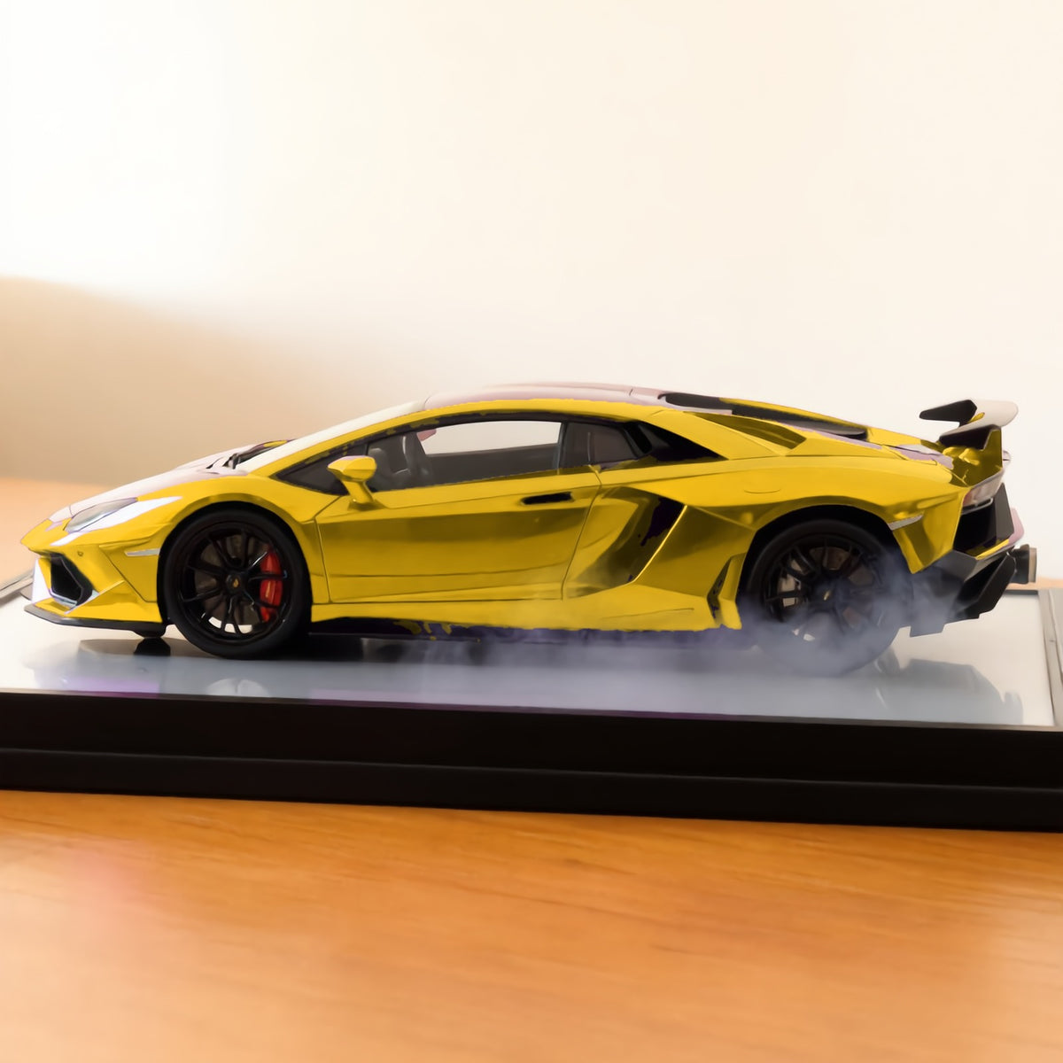 Gold V12 hypercar mist model, side view with mist