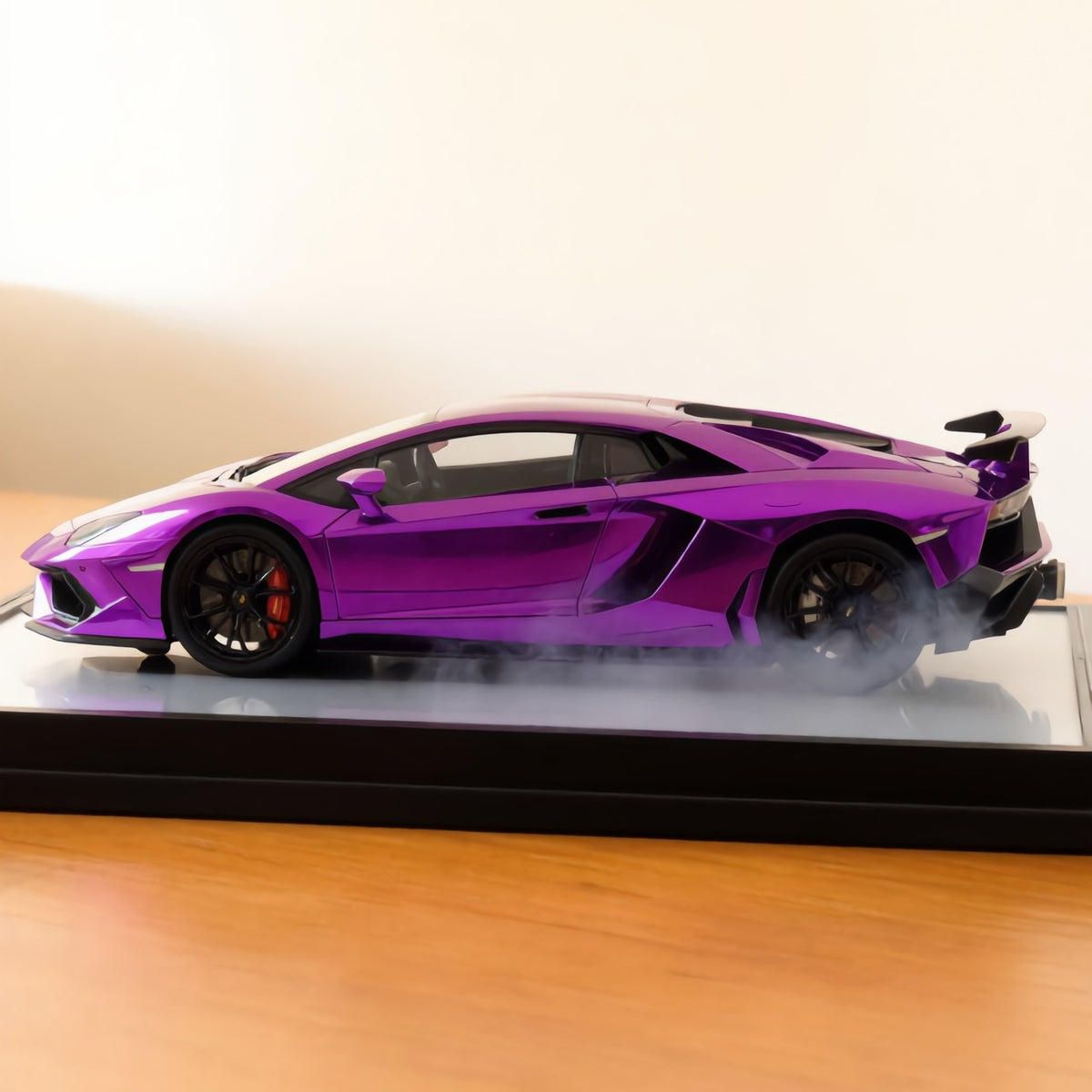Purple V12 hypercar mist model, side view with mist